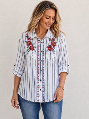 Kyla Seo White Blue Striped Floral Embroidered Cotton Blouse XL Boho Cottagecore